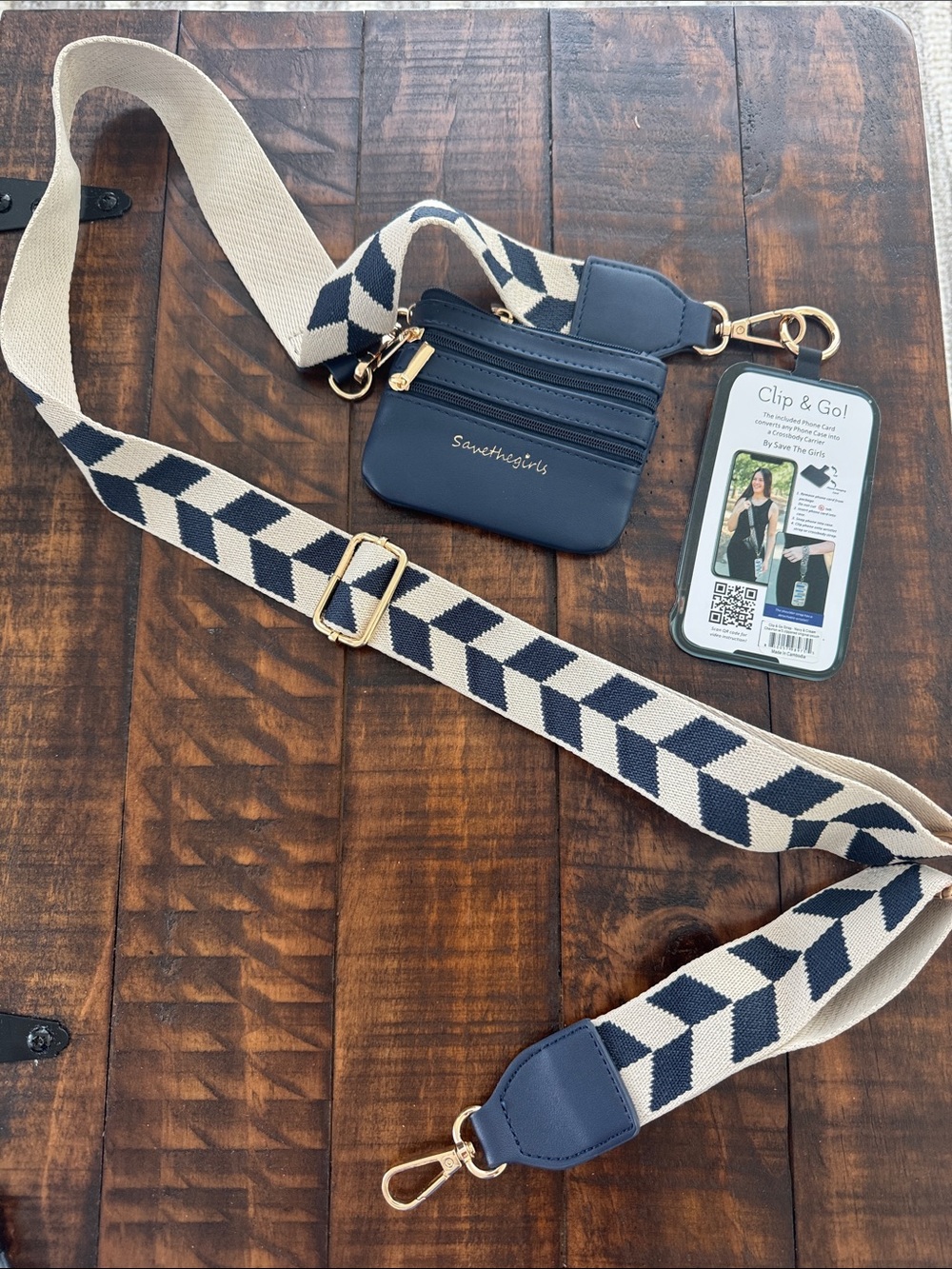 Savethegirls Navy Coin Pouch with Cream & Navy Patterned Adjustable Strap